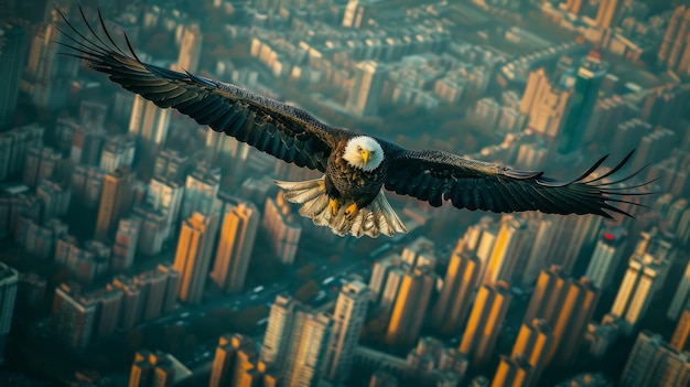 Vliegende adelaar boven een drukke stad die vrijheid versus gevangenschap symboliseert