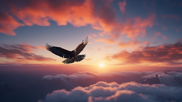 Vliegende adelaar op prachtige zonsondergang hemelachtergrond Roofvogel