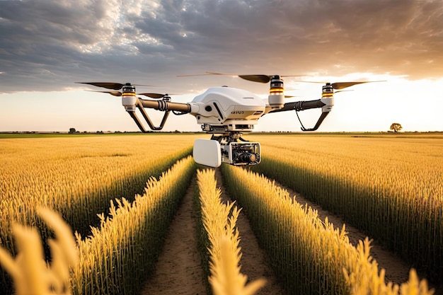 Vliegende agronoom drone over veld met rijpe gewassen