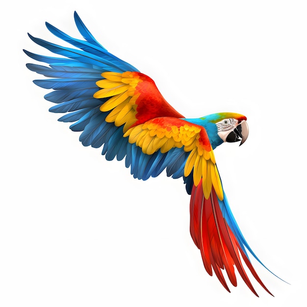 vliegende ara papegaai rood blauw en blauw en geel geïsoleerd op een witte achtergrond