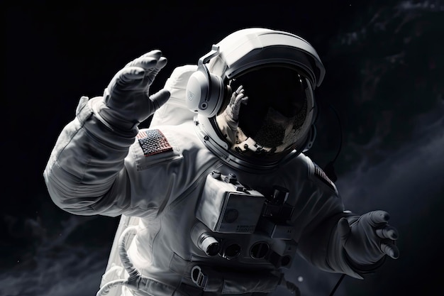 Vliegende astronaut van achteren geïsoleerd op zwarte achtergrond ai generatief