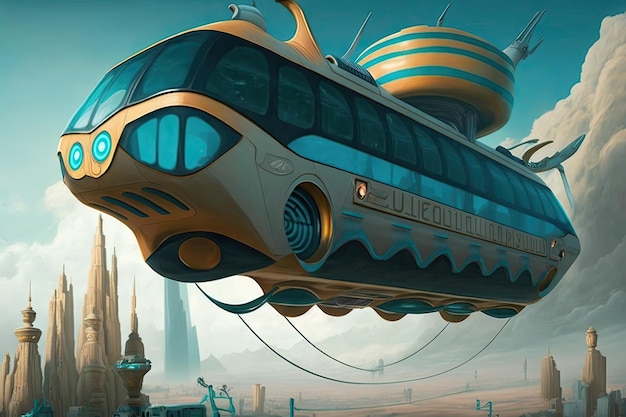 Vliegende bus met uitzicht op futuristische stad hieronder zichtbaar