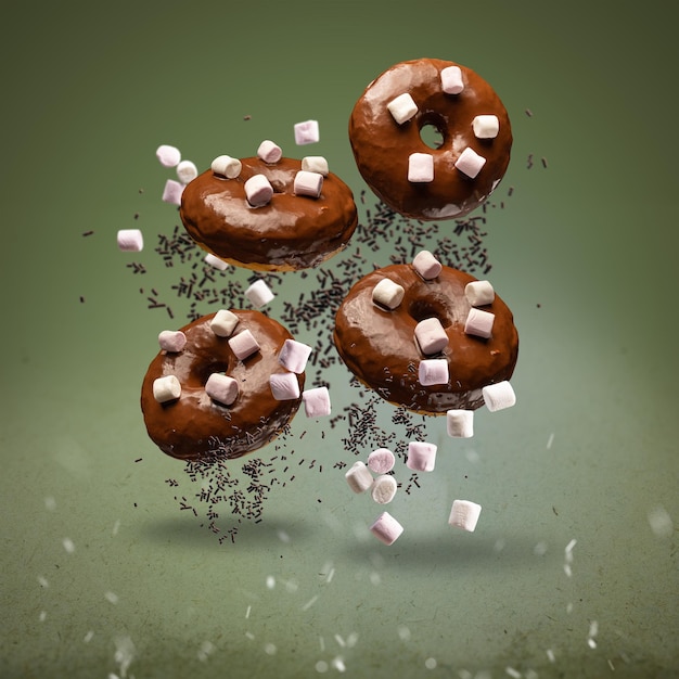 Vliegende chocolade geglazuurde donuts gedecoreerd met marshmallows