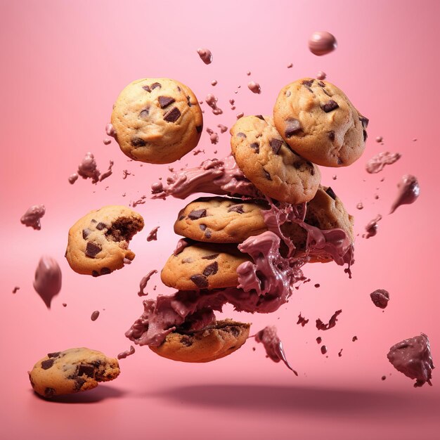 Foto vliegende chocoladekoekjes roze wolken generatieve ai