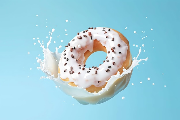 Foto vliegende donut met melk spetteren