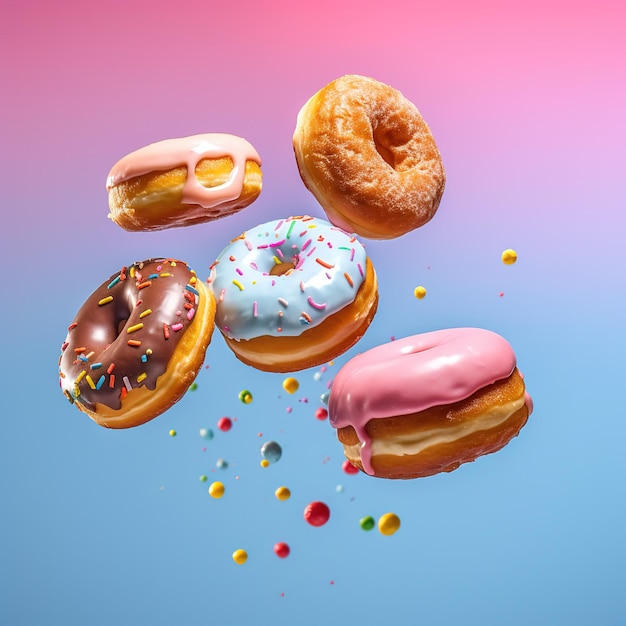 vliegende donuts scene mix van veelkleurige zoete donuts met hagelslag op blauwe achtergrond