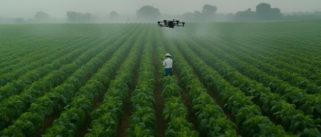 Vliegende drone over het beschikbare veld Man bestuurt het vanaf de grond onder Generative AI