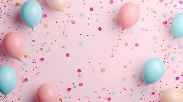Vliegende feestdecoratie met confetti en ballonnen in de lucht