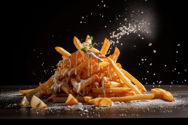 Vliegende frietjes met zoutdouche in speelse foodfotografie