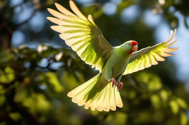 Vliegende grote groene ringparkiet of Alexandrine parkiet Psittacula eupatria