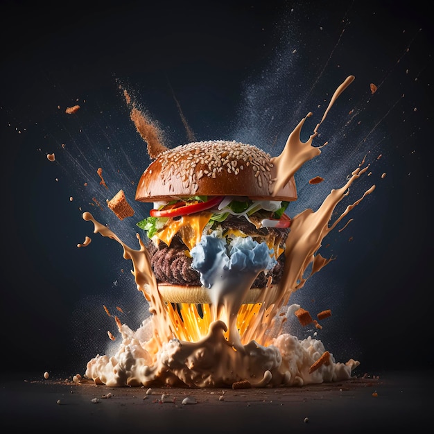 vliegende hamburger in vieren delen met aparte specerijen, explosie van smaken en kleuren gemaakt met Generative AI-technologie