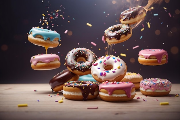 Vliegende heerlijke klassieke donuts zoete fastfood concept in beweging