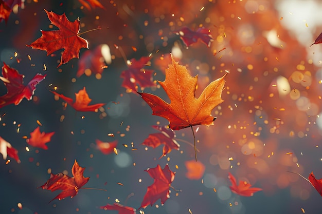 Vliegende herfst esdoornbladeren op de herfst achtergrond