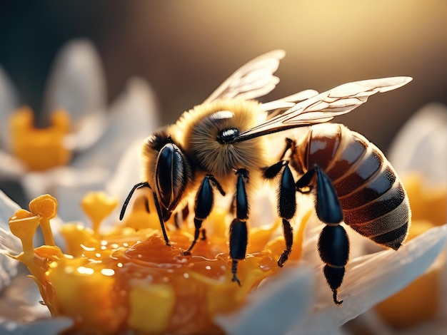 Vliegende honingbij die stuifmeel verzamelt bij gele bloem Bij die over de bloem vliegt