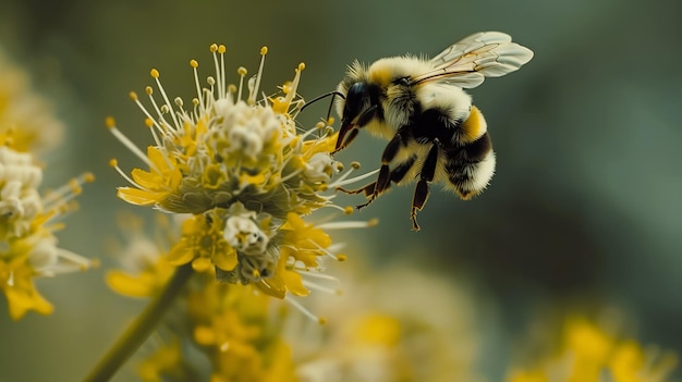 Vliegende honingbij verzamelt stuifmeel bij de bloem Bij vliegt over de bloem