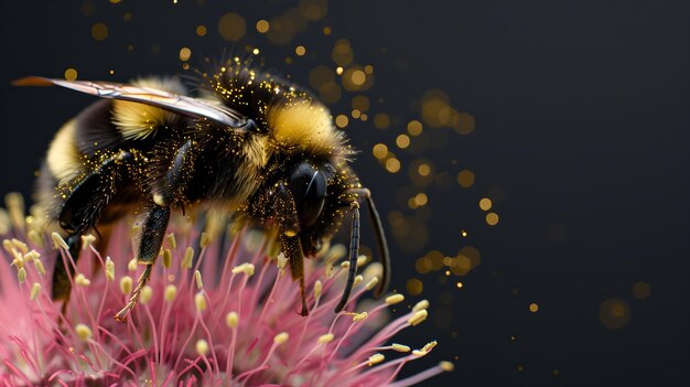 Vliegende honingbij verzamelt stuifmeel bij de bloem Bij vliegt over de bloem