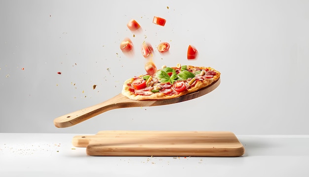 Vliegende houten plank met smakelijke pizza margarita op witte achtergrond