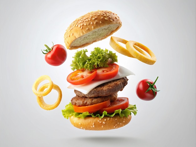 Vliegende ingrediënten van een cheeseburger sesambroodje uienringen tomatensnijden op witte achtergrond