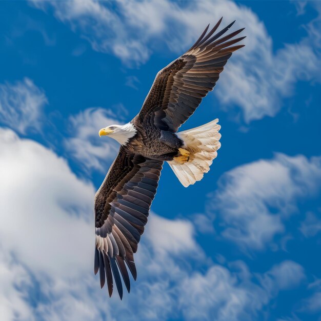 Vliegende kale adelaar tegen blauwe wolken.