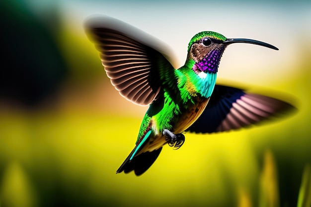 Foto vliegende kolibrie met groen bos op de achtergrond kleine kleurrijke vogel in vlucht