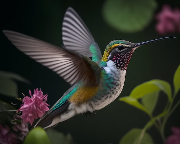 Vliegende kolibrie tegen een achtergrond van bloemen Generatieve AI