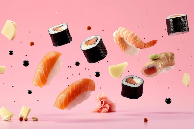 Vliegende maki sushi op roze achtergrond Sushi en rollevitatie met sojasaus Japanse voedselfoto