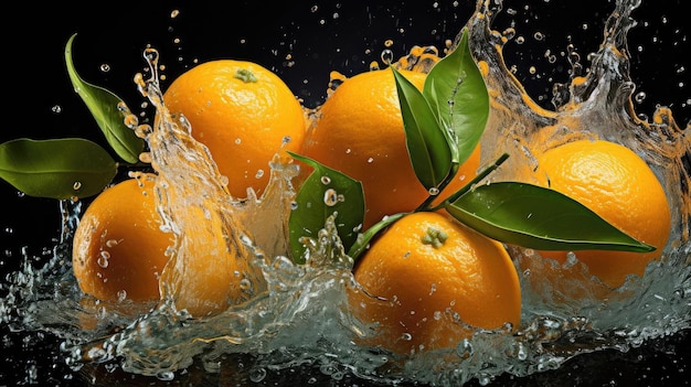 vliegende mandarijnen getroffen door spatten water op zwarte achtergrond en vervaging