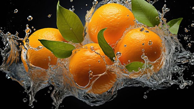 Vliegende mandarijnen worden geraakt door waterstralen op een zwarte achtergrond en vervagen