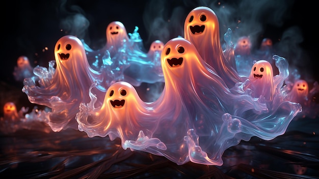 Foto vliegende neon halloween ghost speelse 3d-illustratie