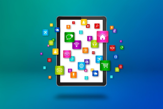 Vliegende pictogrammen rond een tablet-pc Cloud computing-concept