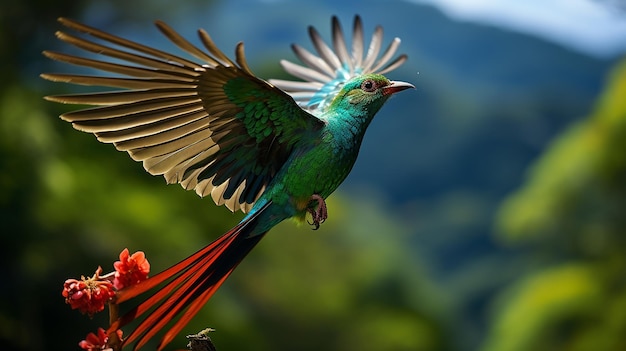 Vliegende schitterende quetzal Pharomacrus mocino Costa Ricaanse ernstige met groene bosachtergrond