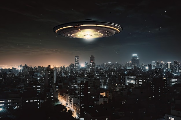 Vliegende schotel vliegt in de lucht tijdens een nachtelijke stad UFO-invasie Ontvoering door buitenaardse wezens Generatieve AI