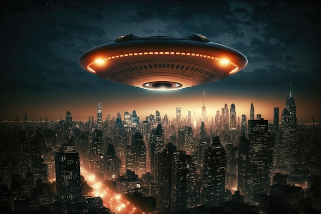 Vliegende schotel vliegt over de nacht stad buitenaardse ruimteschip in de nacht stad AI