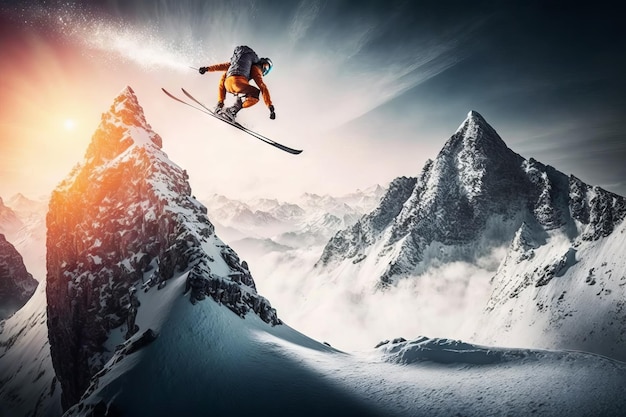 Vliegende snowboarder op bergen Extreme wintersport Generatieve AI