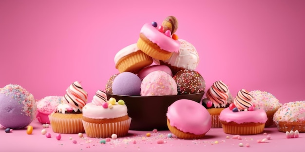 Vliegende stapel donuts, macarons en cupcakes op een kleurrijke achtergrond