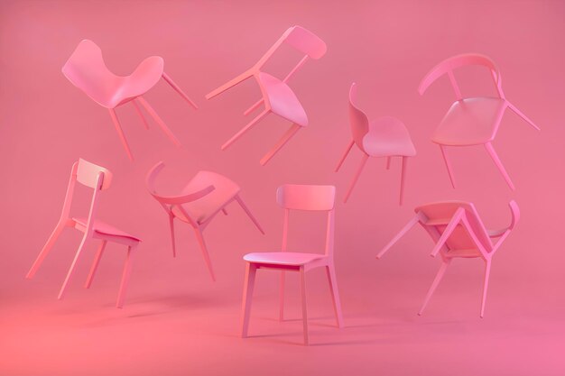 Vliegende stevige roze stoelen met een stevige zitting in de lucht op een roze achtergrond. 3D-weergave van meubels