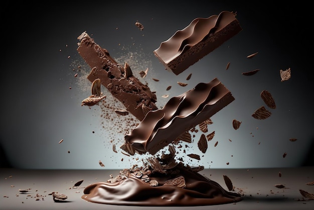 Vliegende stukjes Crushed chocoladestukjes met vloeibare chocolade