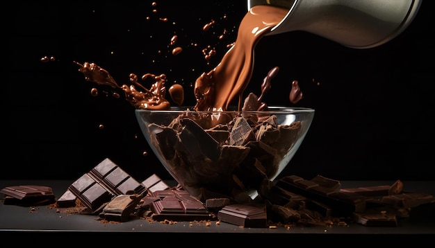 Vliegende stukjes gekneusde chocolade Hot gesmolten donkere chocolade spetteren