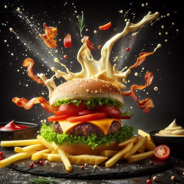 vliegende stukjes hamburger spatten sauzen friet groenten cheddar ketchup en mayo illustratie