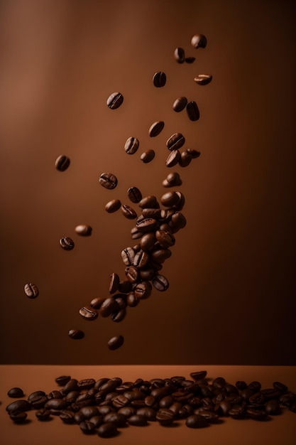 Vliegende vallende koffiebonen op bruine achtergrond
