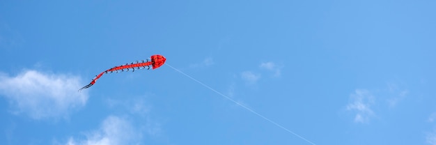 Vliegende vlieger. Een veelkleurige vlieger vliegt in de lucht. Blauwe lucht met wolken en zon. Ruimte voor tekst of kopieer ruimte.