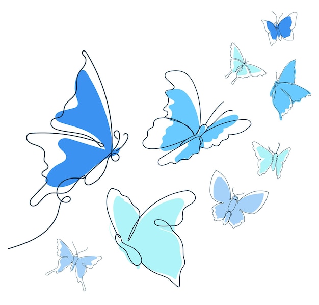 Vliegende vlinder png sticker baby blauwe lijn art clipart set