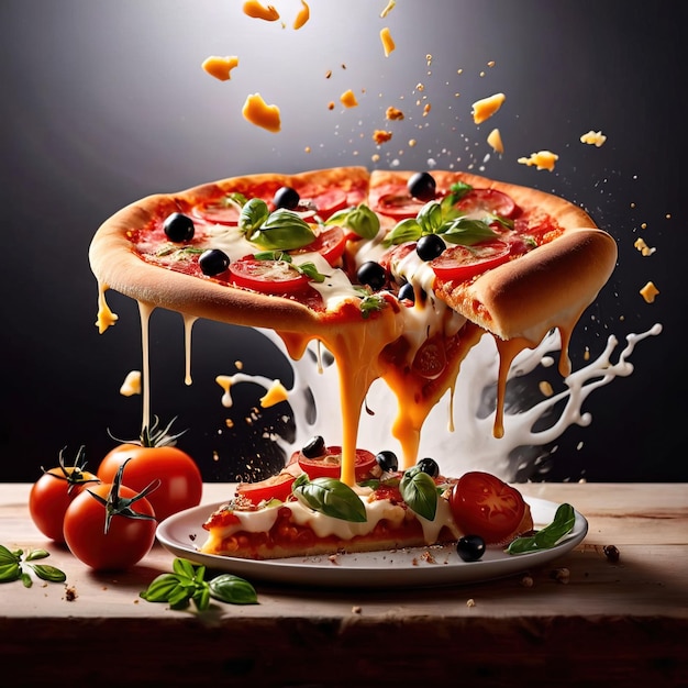 Vliegende voedselfotografie met stukje pizza smeltende kaas die druppelt