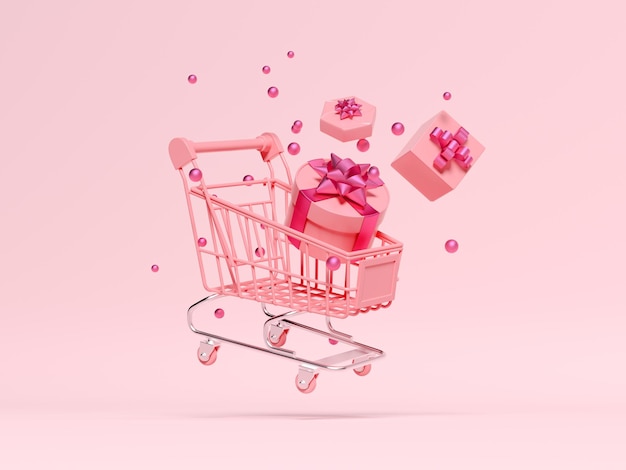 Vliegende winkelwagen met cadeau op een geïsoleerde roze achtergrond 3d render illustratie