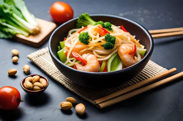Vliegende wok ingrediënten garnalen groenten paksoi bladeren uien en pinda's Aziatische gerechten leveren