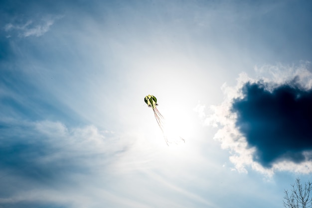 vlieger in de hand op blauwe lucht bij zonnig weer en wind Vliegeren in de zomer met kopieerruimte Freedom