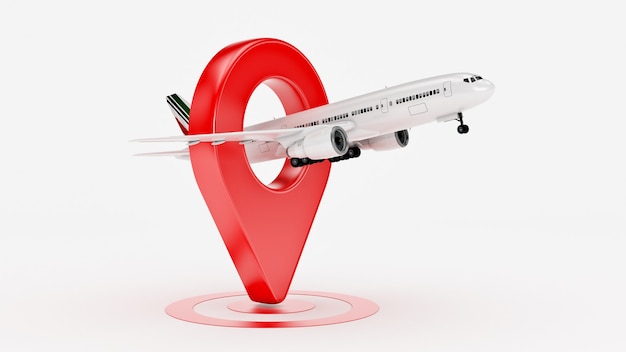 Vliegmaatschappij reizen concept luchthaven aanwijzer vliegtuig en pin geïsoleerd op wit 3d-rendering