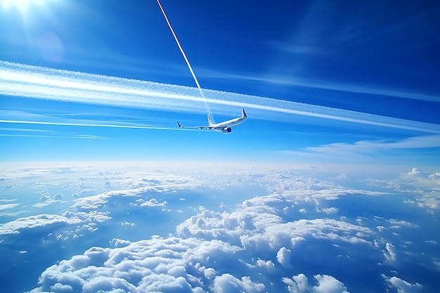 Foto vliegtuig contrails kruisen een blauwe hemel