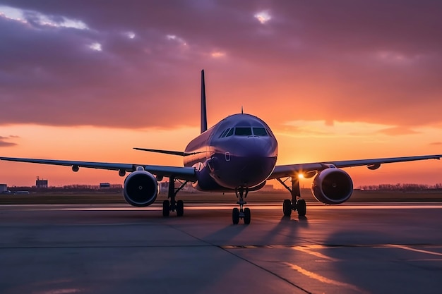Vliegtuig dat bij zonsondergang landt Generatieve AI