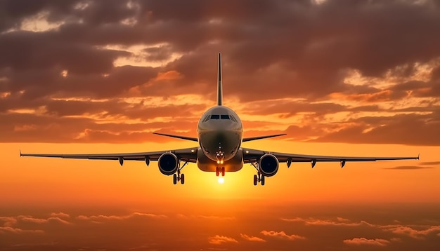 Vliegtuig dat bij zonsondergang vliegt en passagiers vervoert in de schemerhemel gegenereerd door kunstmatige intelligentie